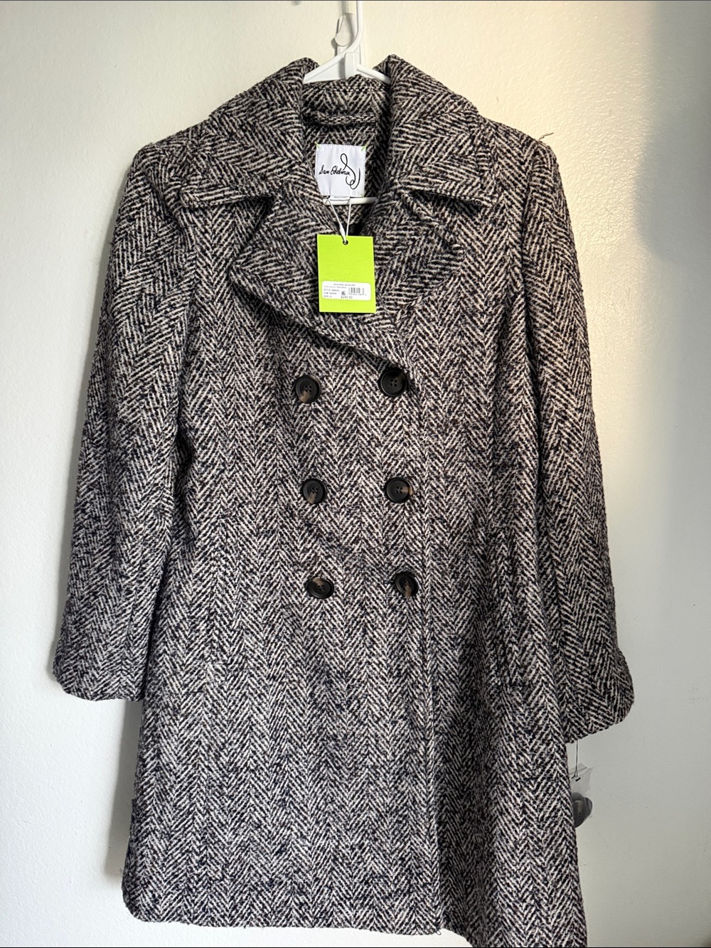 Sam Edelman Black & White Herringbone Double-Breasted Pea Coat